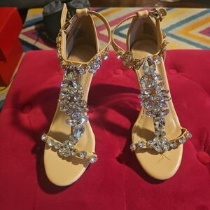 ShoeDazzle Women's Sz 6.5 Constance Beige Clear Wedge Sandal Crystal Rhinestones